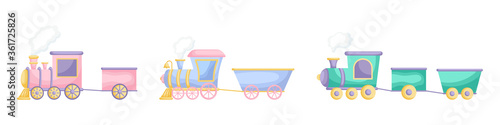 Collection of cute cartoon baby's trains isolated on white background. Set of different models of trains for design of kid's rooms clothing textiles album card invitation. Flat vector illustration.