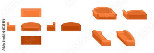 orange couch from different angles, isometric
