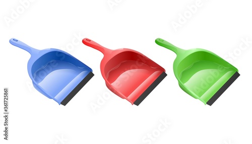 3d realistic vector scoop. Isolated collection of colorful dustpans.