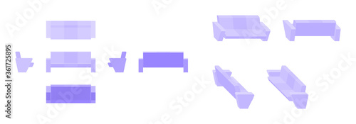 lilac couch from different angles, isometric