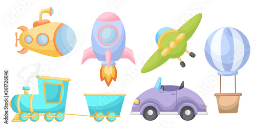 Collection of cute cartoon transport for boys isolated on white background. Set of transportation theme for design of kid's rooms clothing textiles album card invitation. Flat vector illustration.