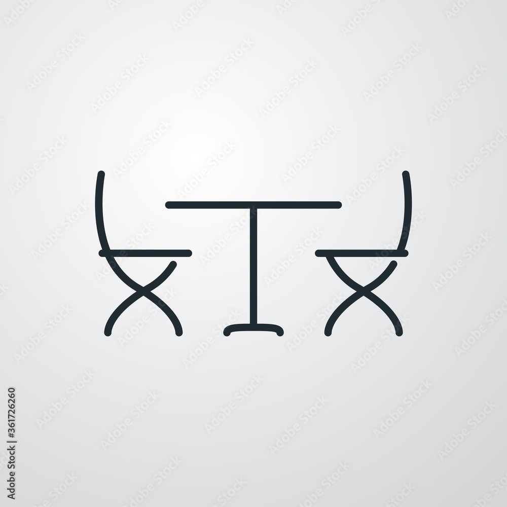 Concepto comedor. Icono plano lineal mesa y 2 sillas plegables en fondo gris Concepto comedor. Icono plano lineal mesa y 2 sillas plegables en fondo gris