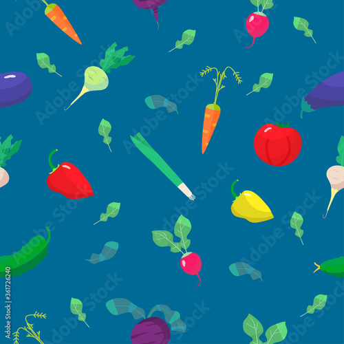 Vegetarian vector seamless pattern on blue background.