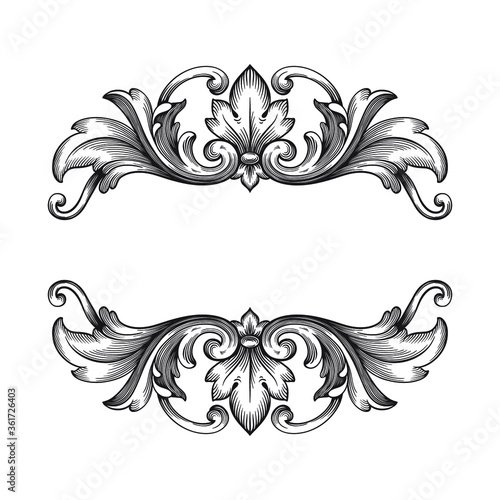 Vintage Ornament Element in baroque style with filigree and floral engrave the best situated for create frame, border, banner. It's hand drawn foliage swirl like victorian or damask design arabesque.