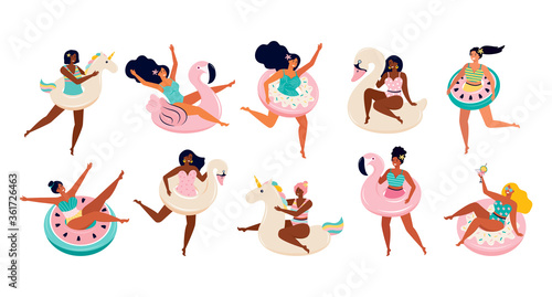 Big set of women in swimsuits with inflatable floats for swimming. Toys for the pool, the unicorn, Flamingo, donut, Swan, watermelon. Female friends have fun at a summer beach party or by the pool.