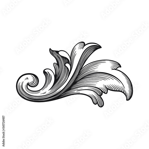 Vintage Ornament Element in baroque style with filigree and floral engrave the best situated for create frame, border, banner. It's hand drawn foliage swirl like victorian or damask design arabesque.