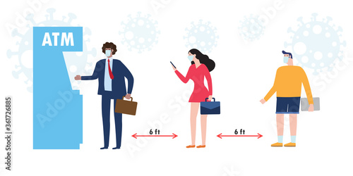 New normal and social distancing concept. diverse People Different nationalities wearing medical masks and keep distance at atm queues to protect Coronavirus or COVID-19 flat style vector illustration