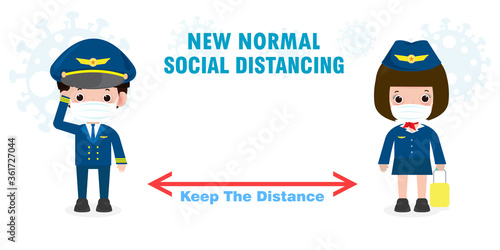 new normal lifestyle concept. social distancing, pilot and stewardess wearing face mask protect coronavirus covid-19, officers and flight attendants pilot and air hostess isolated on white background 