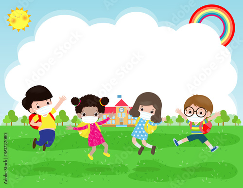 Back to school for new normal lifestyle concept. happy group kids wearing face mask and social distancing protect coronavirus covid-19 jumping on meadow at school in summer day isolated on background