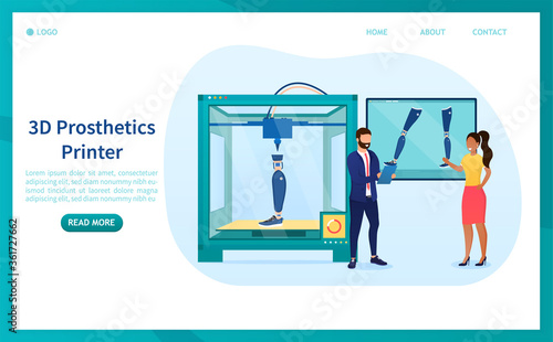 A group of scientists prints a prosthetic leg on a 3D printer. Modern medical technologies for printing prototype prostheses of human limbs. Perfect for landing or web design. Flat Vector Illustration