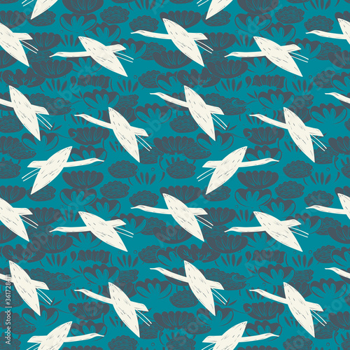 Seamless pattern cranes swans, herons birds fly, water lily, simple lines asian japanese chinese style blue gray background. trend of the season. Can be used for Gift wrap fabrics, wallpapers. Vector