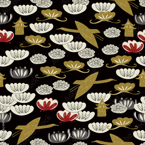 Seamless pattern cranes swans, herons birds fly, water lily, asian japanese chinese style gold gray black background. sketch trend of the season. Can be used for Gift wrap fabrics, wallpapers. Vector