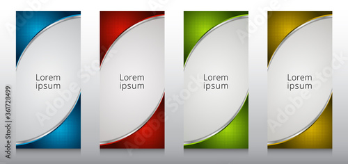 Set of roll up banner stand template design 3D dimension curve with radial halftone frame isolated on white background.