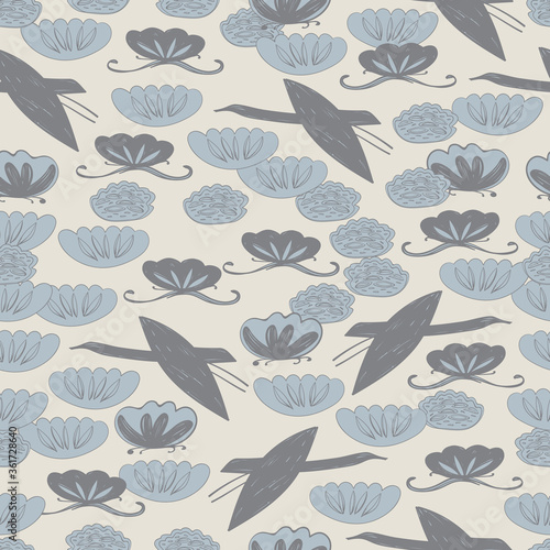 Seamless pattern cranes, swans herons birds fly, water lily simple lines asian japanese chinese style blue gray tan background. trend of the season. Can be used Gift wrap fabrics, wallpapers. Vector