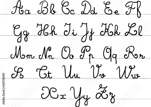 Handwritten old school script font. Latin alphabet, uppercase and  lowercase letters.
