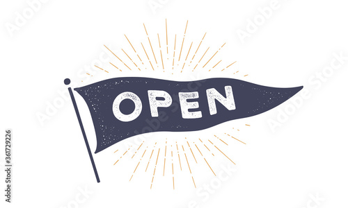 Open. Flag grahpic. Old vintage trendy flag with text Open. Vintage banner with ribbon flag, vintage style with linear drawing light rays, sunburst and rays of sun. Vector Illustration