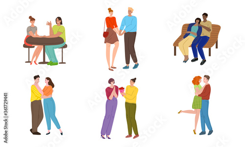 Couples in love hugging and enjoying time together during dates