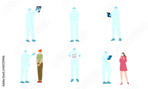 Set of doctors in special medical equipment at work during pandemic helping people
