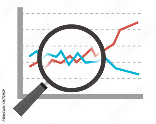 虫眼鏡でグラフを拡大するベクターイラスト　ルーペのアイコン　矢印　株価上昇　景気