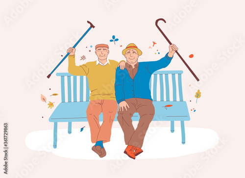 Happy old people diversity concept. Two cheerful pensioners with cane have active lifestyle. Senior citizens gathering community in hospice. Adult men sitting on bench smiling vector illustration.