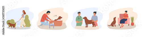 People Walking, Relaxing with Pets Set. Veterinarian vaccinating Dog in Vet Clinic. Woman and Man Characters Taking Care of Animals. Dog and Cat Pet Sitters Concept. Flat Cartoon Vector Illustration.