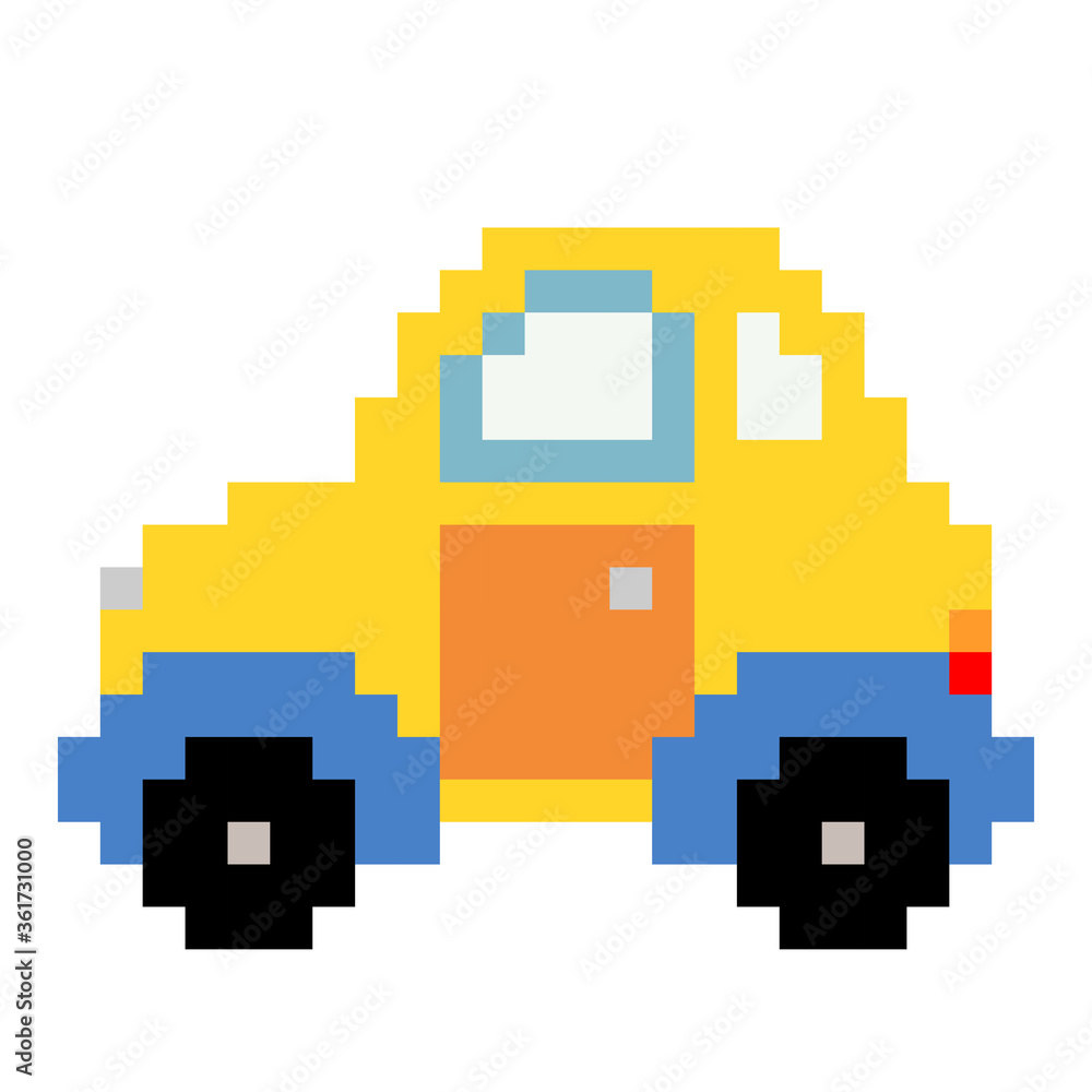 Pixel yellow a car image. Bricks block for pattern and toy kid. Vector Illustration of pixel art.