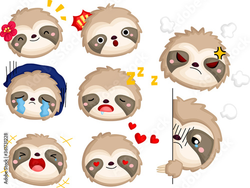 a vector of many face and emotions of a sloth