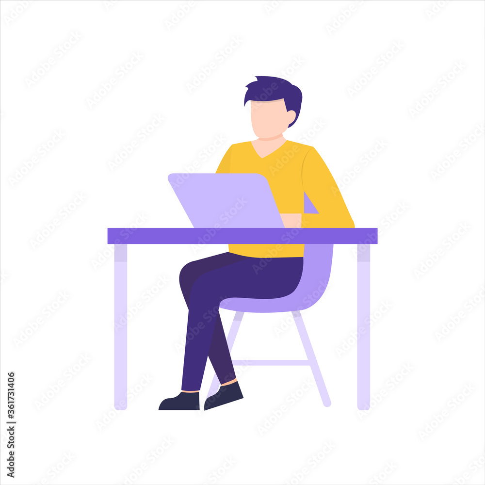 Work in an office flat, a Man working in an office at a Desk, Working at a computer. Vector illustration isolated on white background Work in an office flat, a Man working in an office at a Desk, Working at a computer. Vector illustration isolated on white background