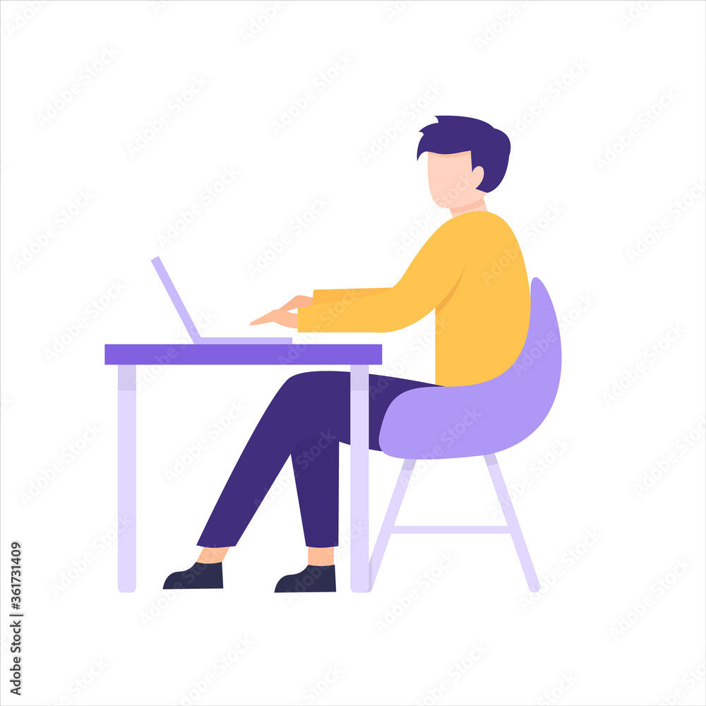 Work in an office flat, a Man working in an office at a Desk, Working at a computer. Vector illustration isolated on white background Work in an office flat, a Man working in an office at a Desk, Working at a computer. Vector illustration isolated on white background