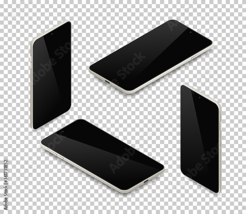 Realistic isometric smartphone set. 3d metallic gray mobile phone with empty black screen and shadow top view on transparent background. Vector Illustration For Web, Application, mockup, app demo
