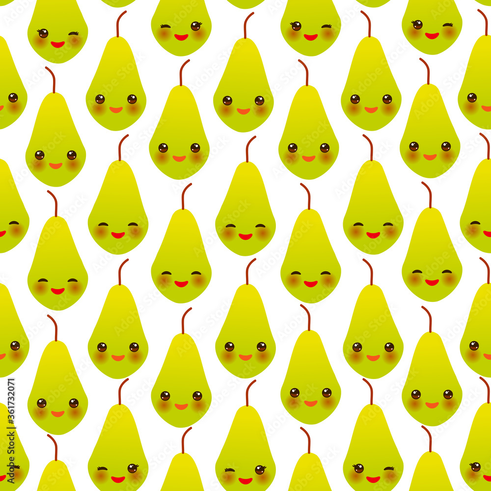 Fototapeta premium Seamless pattern with cute Kawaii green pear with wink eyes and pink cheeks, isolated on white background trend of the season. Can be used for Gift wrap fabrics, wallpapers, food packaging. Vector
