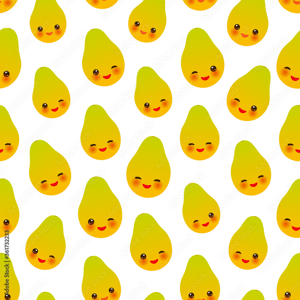 Seamless pattern with cute Kawaii papaya with wink eyes and pink cheeks, isolated on white background trend of the season. Can be used for Gift wrap fabrics, wallpapers, food packaging. Vector