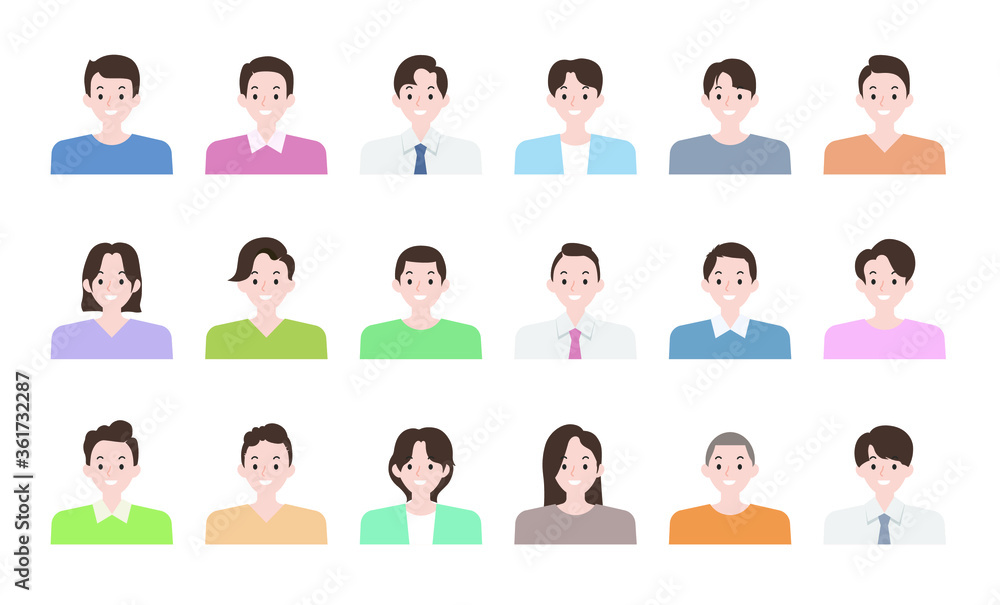 
Male flat illustration set with various faces and hairstyles