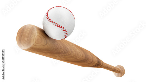 Photography Close-up view on Sports equipment, baseball wooden bat hits the ball isolated on