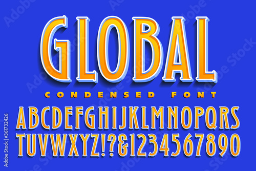 A Modern and Futuristic Condensed Serif Font in Yellows, Oranges, and Blues; This Alphabet Has 3d Effects, Gradients, and Bright Saturated Colors