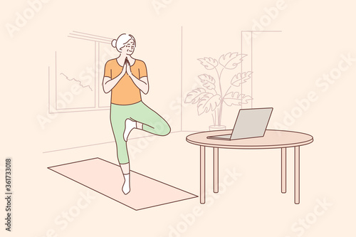 Yoga, sport, quarantine, training, education concept. Old woman senior citizen doing stretching balancing yoga exercises at home using online lesson on laptop. Staying healthy on lockdown illustration