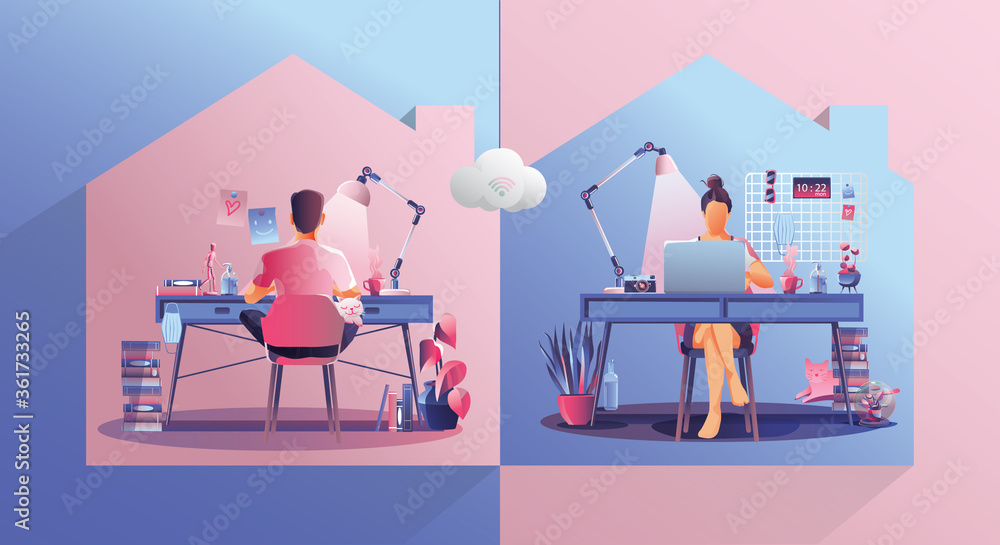 Work from home concept, Young Businesswoman and businessman, freelancers working on laptops computers at home. People working at home, Staying at home vector illustration. Flat Design character
