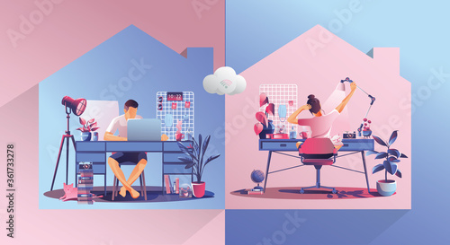Work from home concept, Young Businesswoman and businessman, freelancers working on laptops computers at home. People working at home, Staying at home vector illustration. Flat Design character
