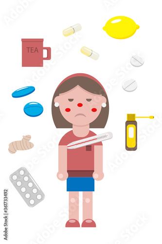 A young girl in a flat style caught a virus or a cold flu. She has a thermometer under her arm. She is with a high fever, headache and red nose. Ways to treat illness in a circle around. Vector.