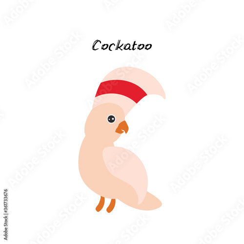 cute Kawaii Australian cockatoo, isolated on white background. Can be used for cards for preschool children games, learning words. Vector
