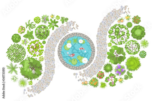 Vector illustration. Landscape design. Top view. Pond, path, trees and flowers. View from above.