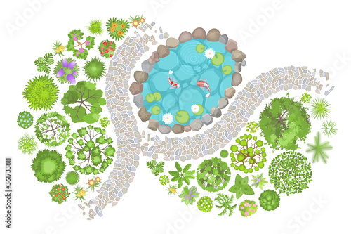 Vector illustration. Landscape design. Top view. Pond, path, trees and flowers. View from above.