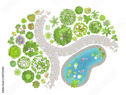 Vector illustration. Landscape design. Top view. Pond, path, trees and flowers. View from above.