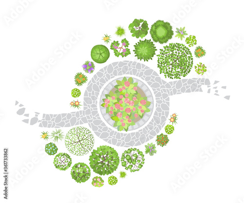 Vector illustration. Landscape design. Top view. Path, trees and flowers. View from above.