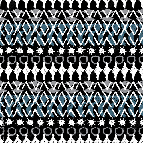 Abstract ethnic boho tribal seamless pattern geometric texture grunge crayons ink. black gray White blue background. Can be used for greeting card design, Gift wrap, fabrics, wallpapers. Vector