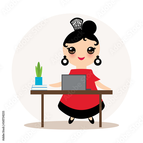 Spanish Woman flamenco dancer. Kawaii cute face with pink cheeks. Gipsy girl, red black dress, home office, online training dancing, distance learning, Isolated on white background. Vector