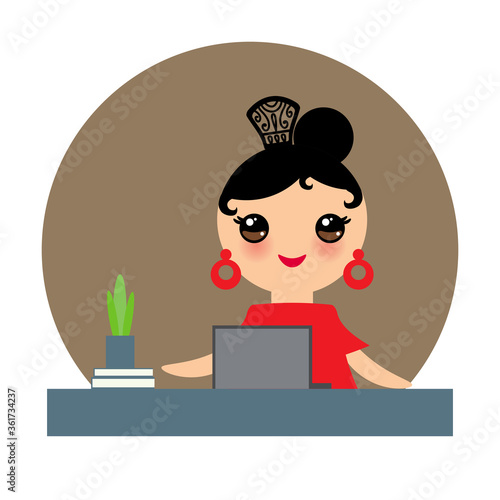 Spanish Woman flamenco dancer. Kawaii cute face with pink cheeks. Gipsy girl, red dress, home office, online training dancing, distance learning, Isolated on white brown background. Vector