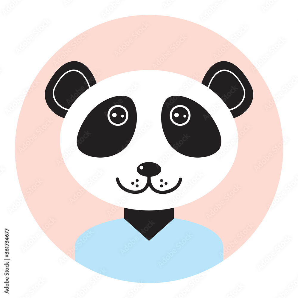 Fototapeta premium Kawaii funny little panda, portrait, face on pink round background. Card banner design Nursery decor trend of the season, scandinavian style. Vector