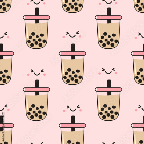 Seamless pattern with bubble milk tea cups on pink background vector illustration. Cute cartoon character.