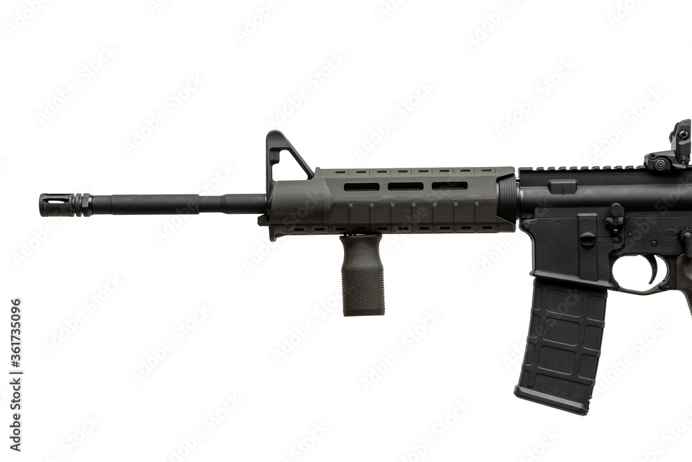 Modern automatic rifle isolated on white. Weapons for police, special forces and the army. Automatic carbine with mechanical sights. Modern automatic rifle isolated on white. Weapons for police, special forces and the army. Automatic carbine with mechanical sights.